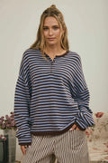 BUTTON HENLEY STRIPE LONG SLEEVE DROP SHOULDER SWEATER