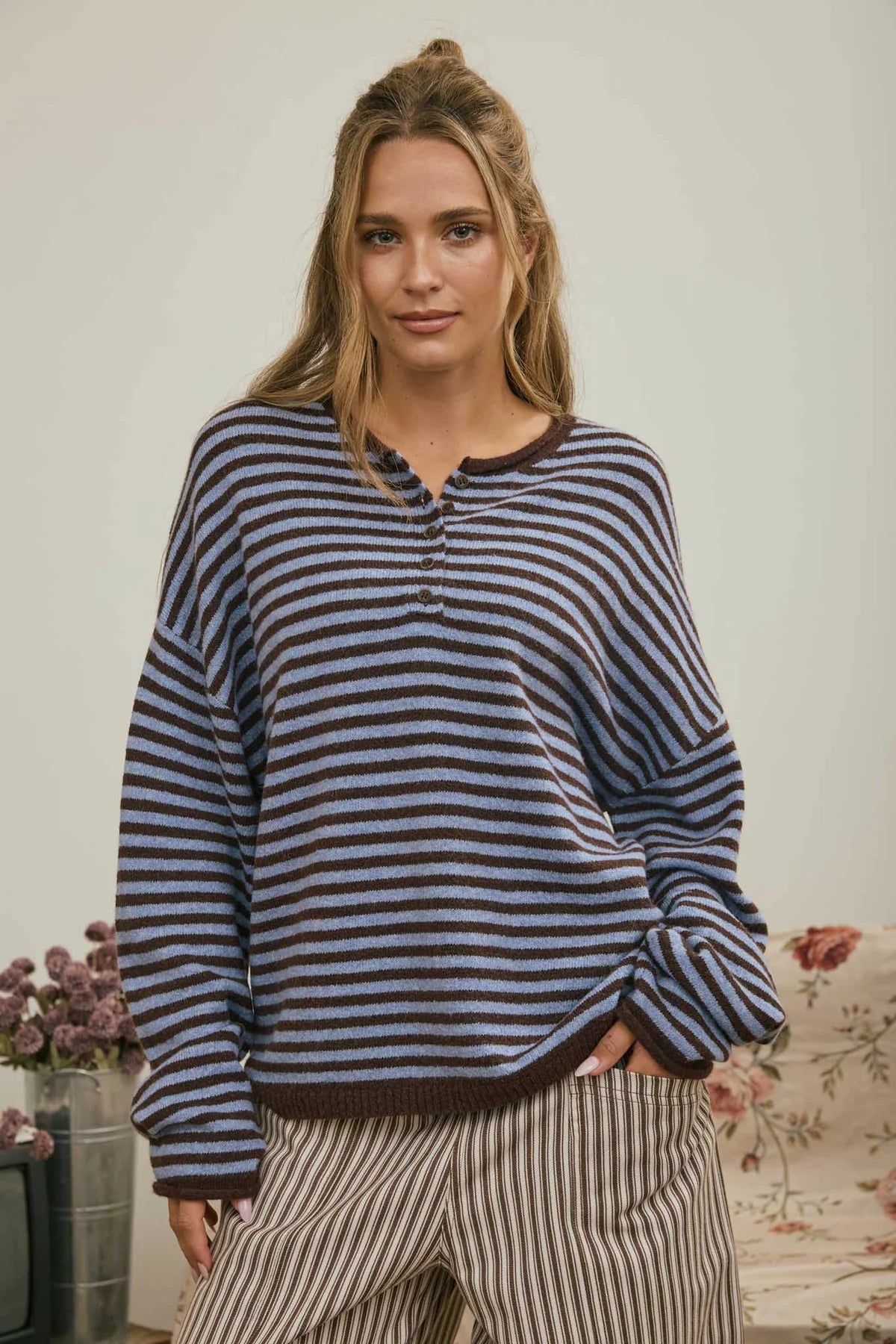 BUTTON HENLEY STRIPE LONG SLEEVE DROP SHOULDER SWEATER