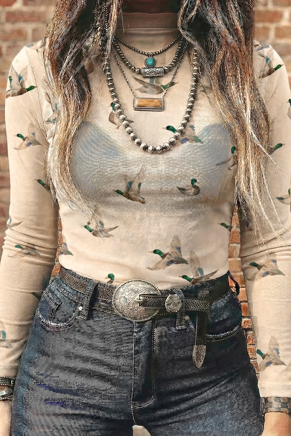 MALLARD PRINT MESH SHEER LONG SLEEVE TOP