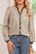 BROWN STRIPE LEOPARD PATCHWORK LONG SLEEVE SHIRT