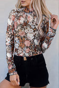 BROWN FLORAL LONG SLEEVE MESH BLOUSE