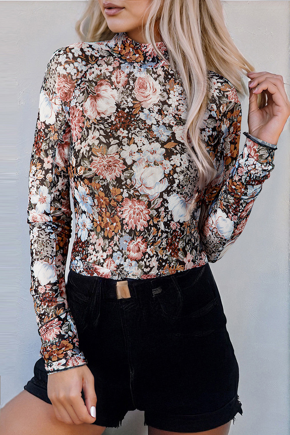 BROWN FLORAL LONG SLEEVE MESH BLOUSE